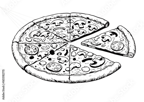 Pizza Delicious Hand-Drawn Pizza with Mushrooms, A Slice of Culinary Illustration