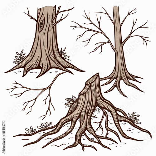 Various brown tree or shrub roots. Parts of plant, root system with tree stump. Dendrology, study of woody plants. Sketch drawing. Vector illustration