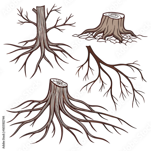 Various brown tree or shrub roots. Parts of plant, root system with tree stump. Dendrology, study of woody plants. Sketch drawing. Vector illustration