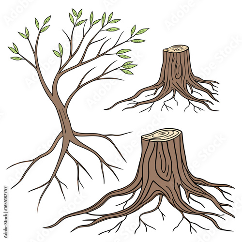 Various brown tree or shrub roots. Parts of plant, root system with tree stump. Dendrology, study of woody plants. Sketch drawing. Vector illustration