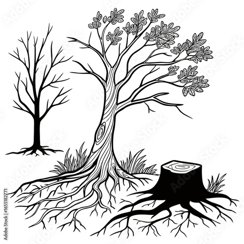 Various brown tree or shrub roots. Parts of plant, root system with tree stump. Dendrology, study of woody plants. Sketch drawing. Vector illustration
