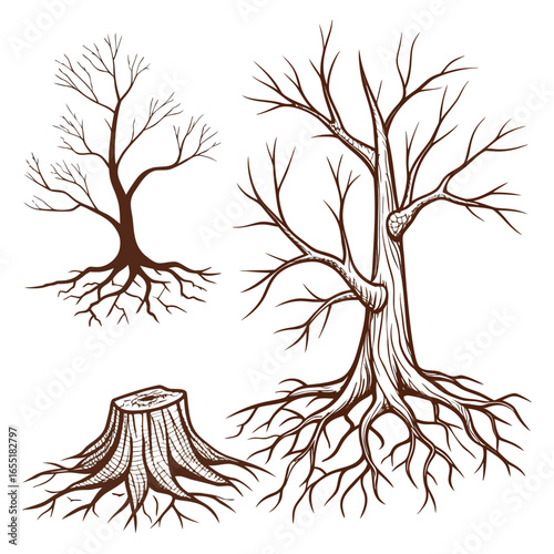 Various brown tree or shrub roots. Parts of plant, root system with tree stump. Dendrology, study of woody plants. Sketch drawing. Vector illustration