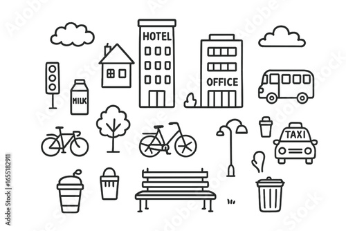 Urban Doodle Art. City life doodle set: hand drawn urban buildings and objects, isolated transparent background