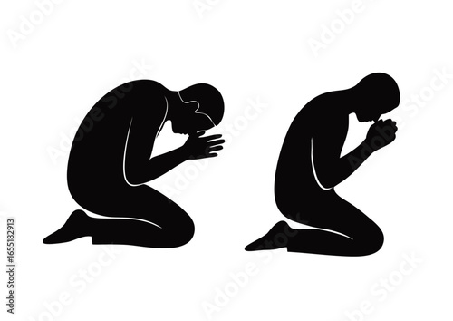 Two Silhouettes of People Kneeling in Prayer or Meditation, Symbolizing Faith and Spirituality