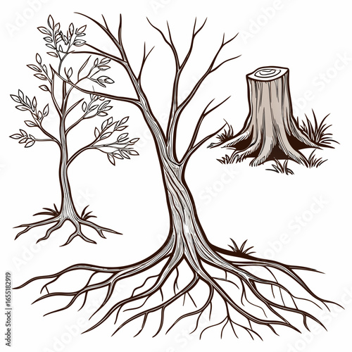 Various brown tree or shrub roots. Parts of plant, root system with tree stump. Dendrology, study of woody plants. Sketch drawing. Vector illustration