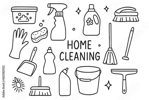 Home Cleaning Doodles. Home cleaning doodle set: hand drawn icons of detergents and tools, isolated transparent background