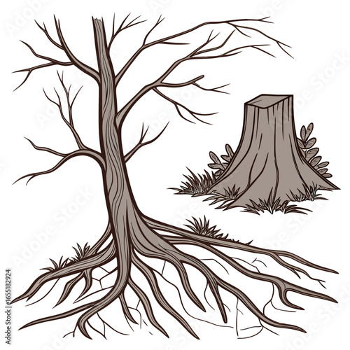 Various brown tree or shrub roots. Parts of plant, root system with tree stump. Dendrology, study of woody plants. Sketch drawing. Vector illustration