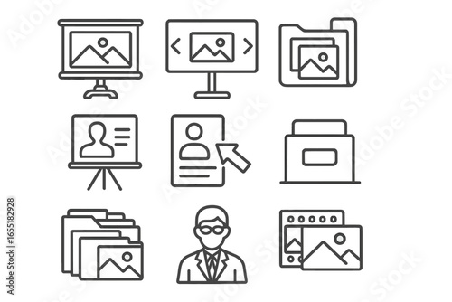 Court Evidence Icons. Line style icons of evidence presentation: courtroom screen, digital slideshow, evidence folder, testimony