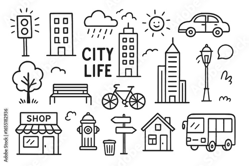 Urban Doodle Art. City life doodle set: hand drawn urban buildings and objects, isolated transparent background