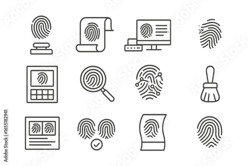 Fingerprint Analysis Icons. Line style icons of fingerprint analysis: fingerprint ink, rolled print sheet, AFIS system icon,