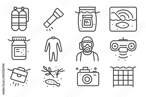 Underwater Forensics Icons. Line style icons of underwater forensics: diving gear, underwater light icon, evidence bag in water,