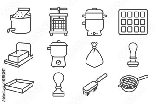 Wax Processing Tools Icons. Line style icons of wax processing tools: wax separator, wax press, double boiler, mold tray, wax