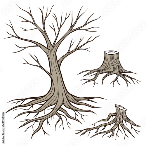Various brown tree or shrub roots. Parts of plant, root system with tree stump. Dendrology, study of woody plants. Sketch drawing. Vector illustration