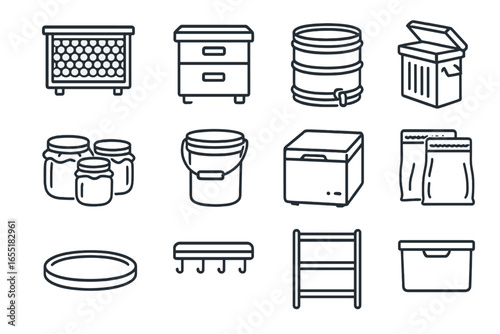 Beekeeping Storage Icons. Line style icons of beekeeping containers and storage: frame box, super crate, honey drum, wax storage