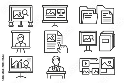 Court Evidence Icons. Line style icons of evidence presentation: courtroom screen, digital slideshow, evidence folder, testimony
