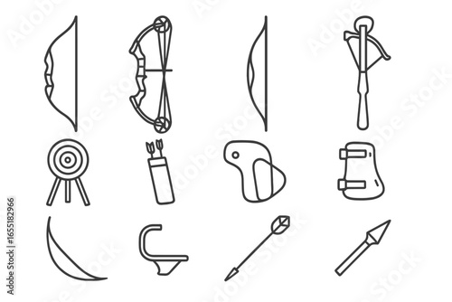 Archery Gear Icons. Line style icons of basic archery gear: recurve bow, compound bow, longbow, crossbow, target stand, arrow