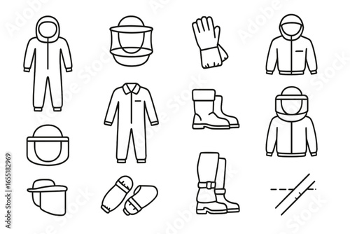 Bee Protection Gear. Line style icons of bee protection gear: full bee suit, mesh veil, leather gloves, elastic cuffs, zipped hood