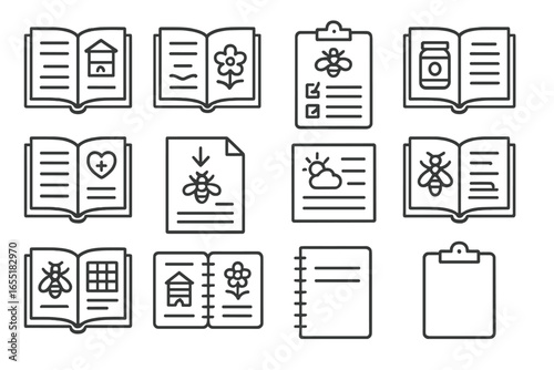 Beekeeping Icons Collection. Line style icons of beekeeping records and documents: apiary logbook, hive diary, inspection