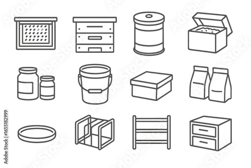 Beekeeping Storage Icons. Line style icons of beekeeping containers and storage: frame box, super crate, honey drum, wax storage