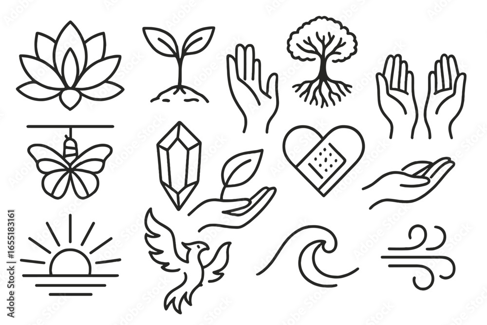 Fototapeta premium Healing Growth Icons. Line style icons of healing and growth tattoos: lotus flower, sprouting plant, tree roots, open hands,