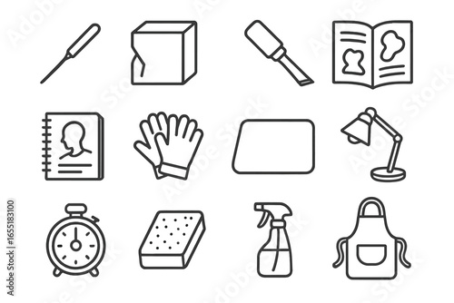Beginner Sculptor Kit Icons. Line style icons of beginner sculptor kit: mini ice pick, small block mold, beginner chisel, how-to