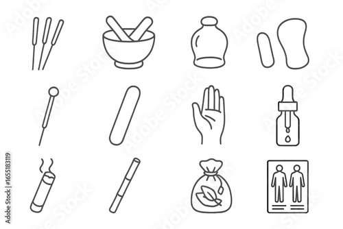 Traditional Healing Tools. Line style icons of traditional healing tools: acupuncture needles, herbal mortar, cupping jar,