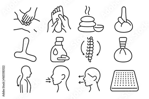 Massage Therapy Icons. Line style icons of traditional massage therapy: deep tissue hands, foot massage, acupressure point icon,