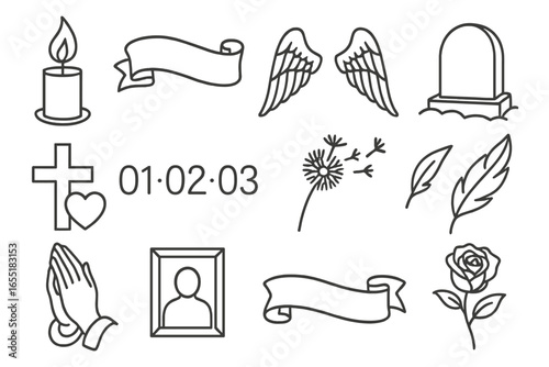 Memorial Tattoo Icons. Line style icons of memorial and tribute tattoos: candle flame, name scroll, angel wings, tombstone, cross