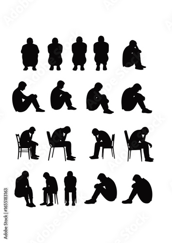 A comprehensive collection of diverse human silhouettes illustrating various emotional states of profound sadness, contemplation, and inner turmoil, symbolizing silent struggles and introspection.