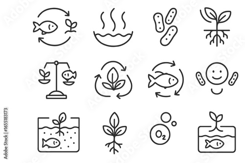 Aquaponics Ecosystem Icons. Line style icons of ecosystem balance in aquaponics: fish-plant cycle, water clean icon, bacteria