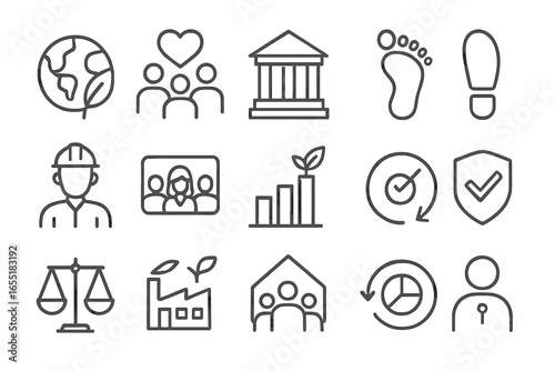 ESG Category Icons. Line style icons of ESG categories: environment icon, social responsibility, corporate governance, carbon