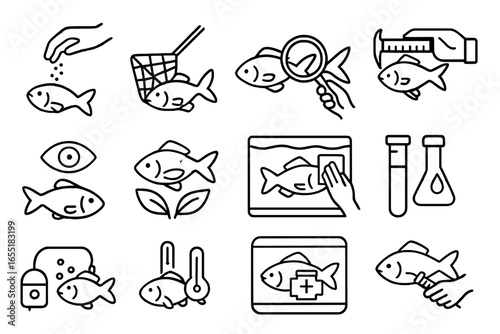 Aquaponic Fish Care Icons. Line style icons of aquaponic fish care: feeding fish, net transfer, checking fins, measuring fish,