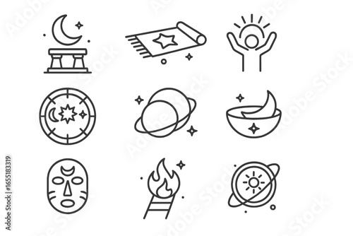 Celestial Ritual Icons. Line style icons of sky and celestial rituals: moonlight altar, stargazing mat, sun rise chant, celestial