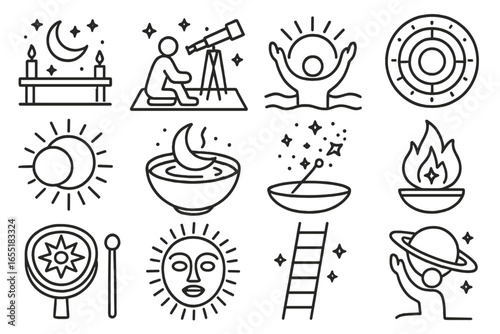 Celestial Ritual Icons. Line style icons of sky and celestial rituals: moonlight altar, stargazing mat, sun rise chant, celestial