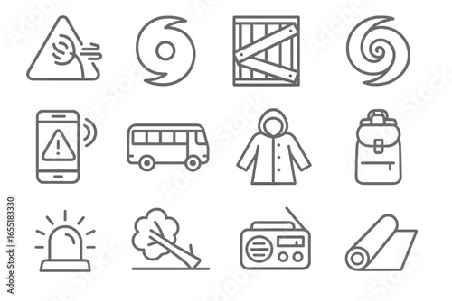 Storm Preparedness Icons. Line style icons of storm and hurricane response: wind damage sign, hurricane tracking icon, boarded