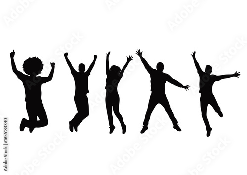 A group of five people joyfully jumping and celebrating with their arms raised high in a silhouette against a white background, embodying elation and excitement.
