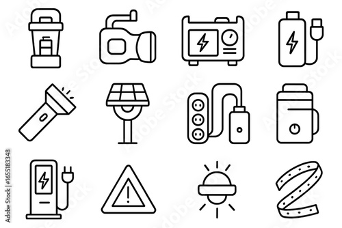 Emergency Lighting Icons. Line style icons of emergency lighting and power: battery lantern, hand crank light, generator icon,