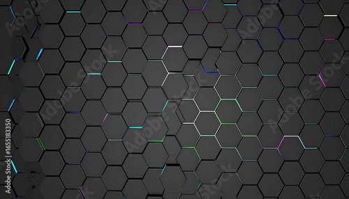 Abstract geometric pattern of dark gray hexagons with vibrant colored lines, creating a futuristic and technological design.