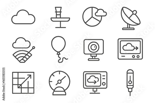 Cloud Observation Icons. Line style icons of cloud and atmospheric observation: cumulus icon, stratus detector, cloud coverage