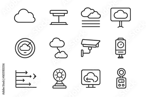 Cloud Observation Icons. Line style icons of cloud and atmospheric observation: cumulus icon, stratus detector, cloud coverage