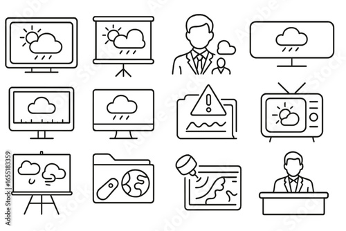 Weather Broadcast Icons. Line style icons of weather broadcast and display: TV weather screen, green screen forecast,