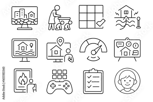 Disaster Risk Education Icons. Line style icons of disaster simulation and risk education: simulation model screen, school safety
