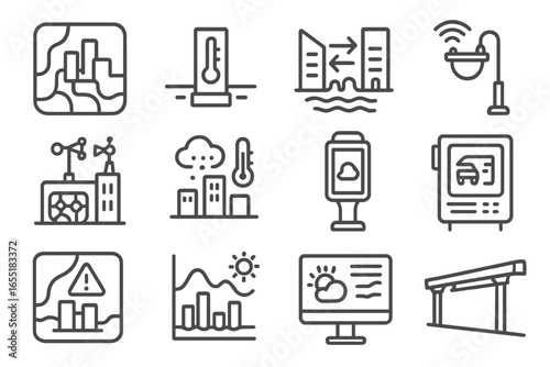 Urban Weather Icon Set. Line style icons of urban weather systems: city heat map, street sensor icon, urban canyon airflow model,