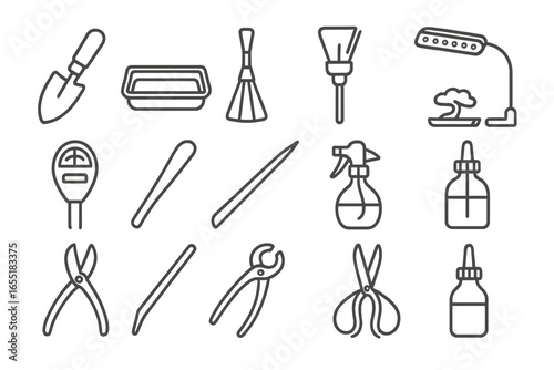 Bonsai Tool Icons. Line style icons of indoor bonsai tools: small trowel, humidity tray, miniature broom, bonsai grow light,