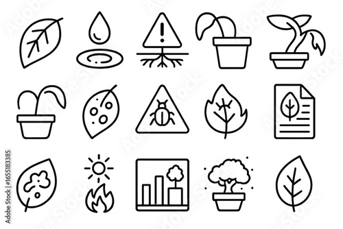 Bonsai Health Icons. Line style icons of bonsai health monitoring: yellow leaf indicator, overwatering symbol, root rot alert,