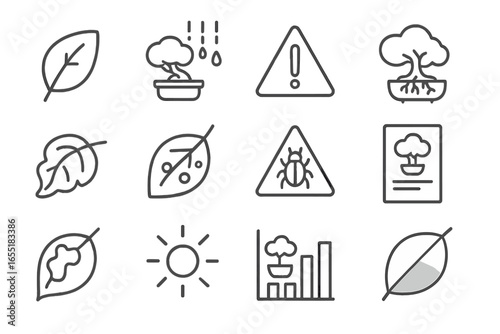 Bonsai Health Icons. Line style icons of bonsai health monitoring: yellow leaf indicator, overwatering symbol, root rot alert,