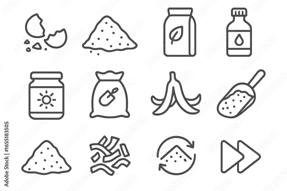 Fototapeta premium Compost Accelerator Icons. Line style icons of compost accelerator items: crushed eggshells, alfalfa meal, compost starter bag,