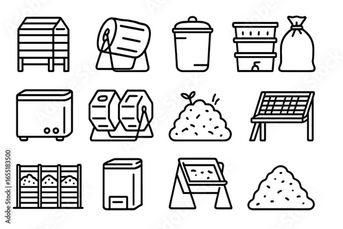 Composting Systems Icons. Line style icons of composting systems: backyard compost bin, rotating compost tumbler, countertop