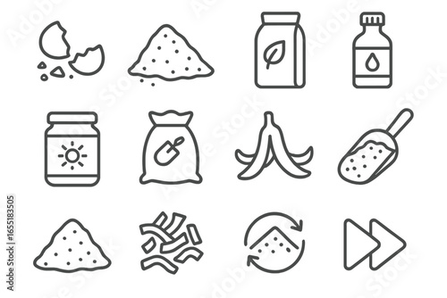 Compost Accelerator Icons. Line style icons of compost accelerator items: crushed eggshells, alfalfa meal, compost starter bag,