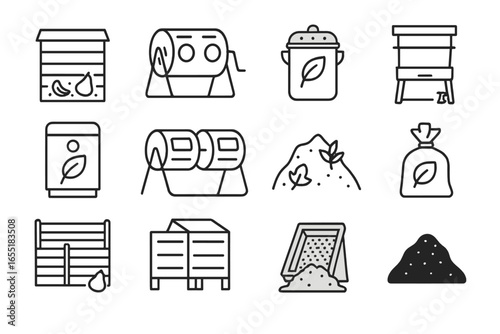 Composting Systems Icons. Line style icons of composting systems: backyard compost bin, rotating compost tumbler, countertop